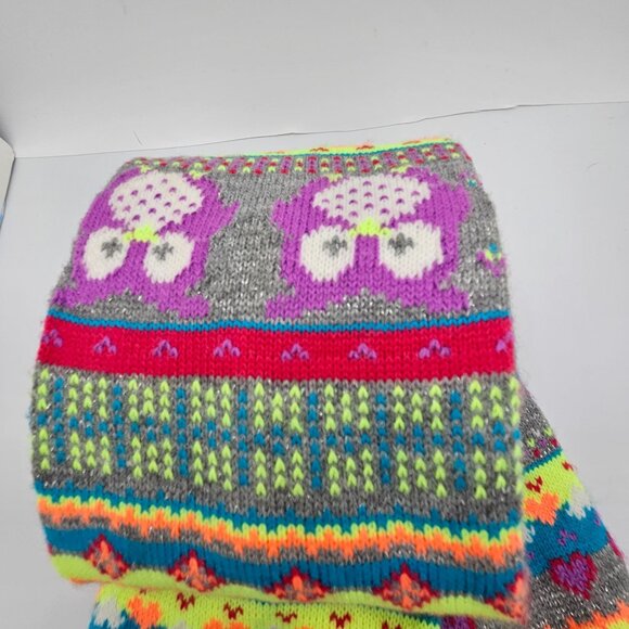Colorful Knit Scarf With Owl Design & Pom-Pom Ends - Picture 2 of 6